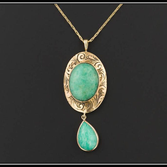 14k Gold Chrysoprase Pendant | Antique Pin Conversion Necklace