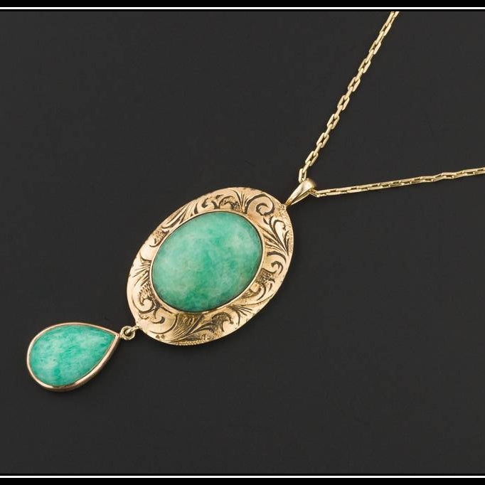 14k Gold Chrysoprase Pendant | Antique Pin Conversion Necklace