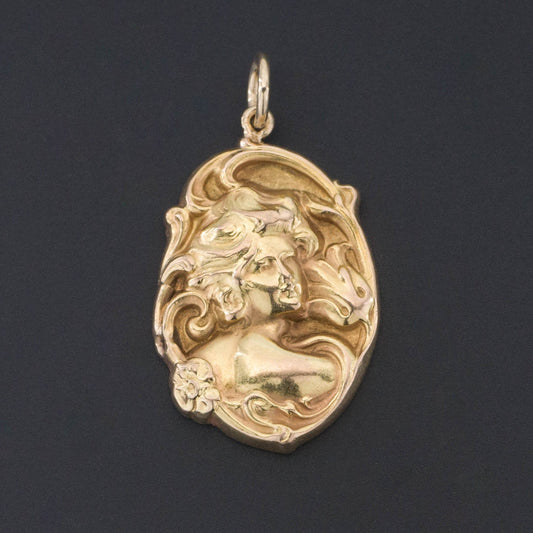 14k Gold Woman Pendant | Art Nouveau Pendant