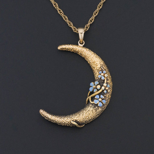 14k Gold Crescent Moon | Forget-me-not Crescent Pendant