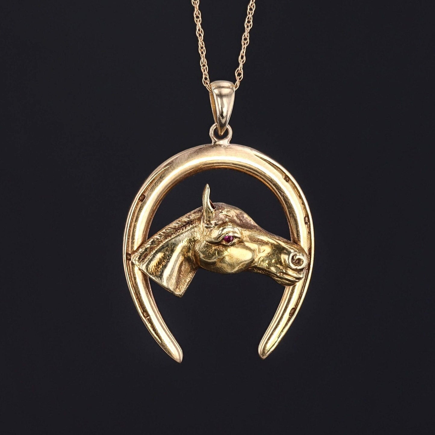 14K Horse & Horseshoe Pendant | Vintage Pin Conversion