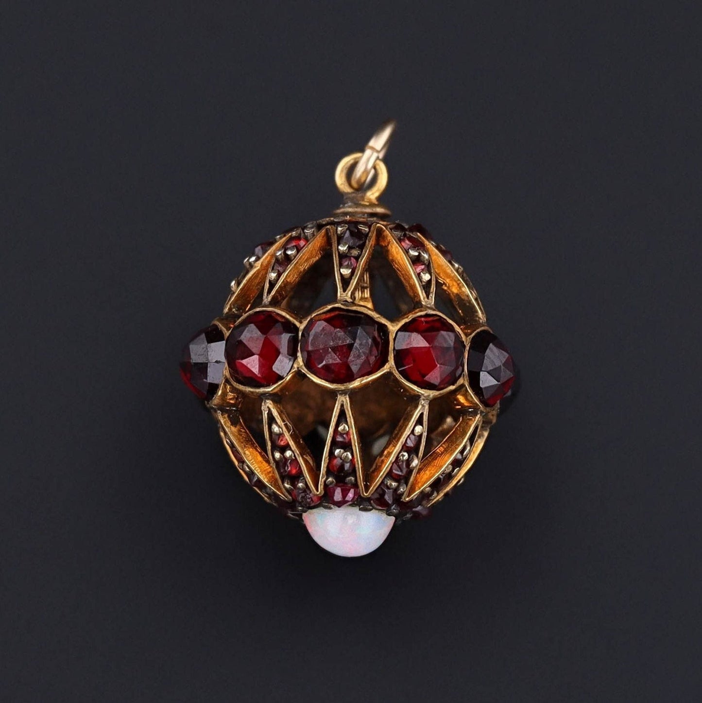 14k Gold Garnet & Opal Orb Pendant | Antique Hat Pin Conversion
