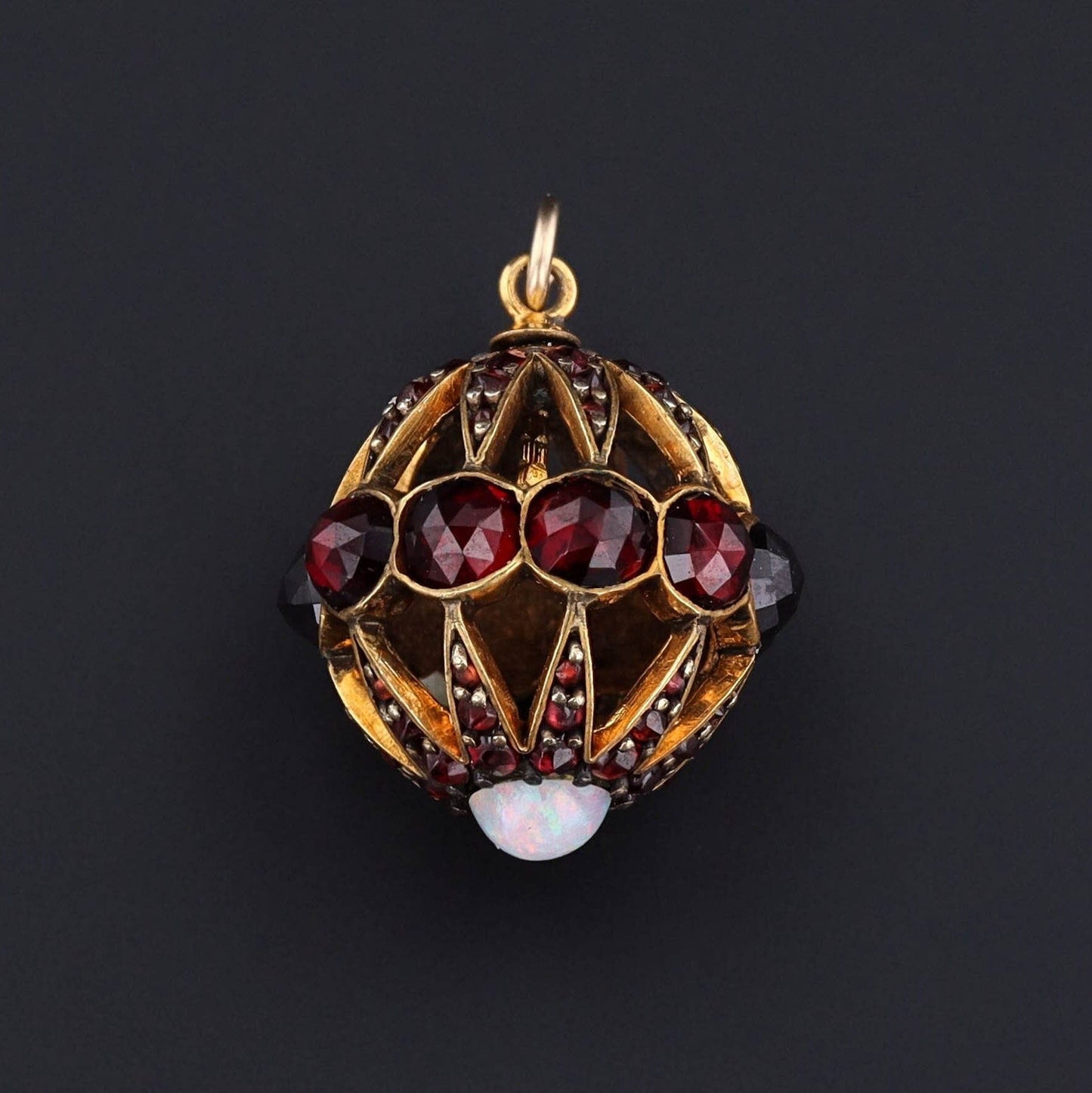 14k Gold Garnet & Opal Orb Pendant | Antique Hat Pin Conversion