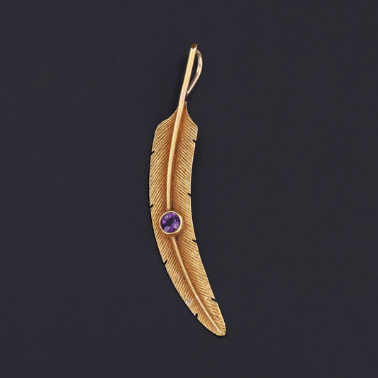 14k Gold & Amethyst Feather Pendant | Antique Pin Conversion